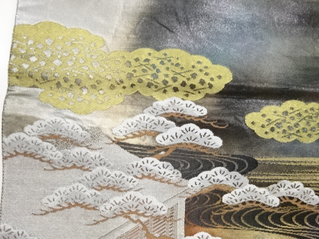  屋敷に鴛鴦・草花・橋模様織り出し袋帯